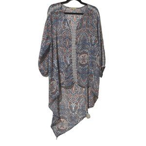Democracy women's sz 1X blue paisley sheer 3/4 sleeve hi low hem v neck Boho top